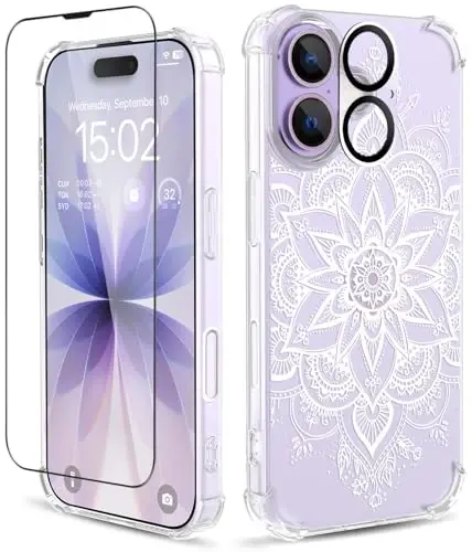 ilnehc iPhone 17 Kılıfı, [3ü 1 Arada] Ekran Koruyucu ve Kamera Merceği Koruyuculu, Çiçek Desenli Tasarım, Kadınlar ve Kızlar için Şeffaf Yumuşak Darbeye Dayanıklı İnce Çiçekli Telefon Kılıfı 2025 6.3