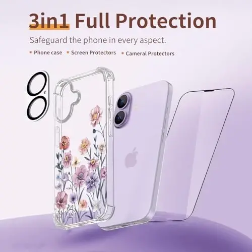 ilnehc iPhone 17 Kılıfı için,[Ekran Koruyucu ve Kamera Mercek Koruyucu ile 3'ü 1 arada] Çiçek Desenli Tasarım, Kadınlar ve Kızlar için Şeffaf Yumuşak Darbeye Dayanıklı İnce Çiçekli Telefon Kılıfı 2025 6.3