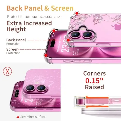 ilnehc Phone Case Compatible for iPhone 16 Case,[3 in 1] with Screen Protector & Camera Lens Protector, Flower Pattern Design,Clear Soft Shockproof Slim Floral Cover for Women Girls 2024 6.1