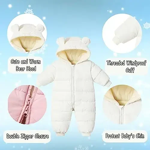 Ilyboz Infant Toddler Snowsuit Cute Baby Bear Suit Newborn Winter Coat Warm Hooded Jumpsuit for Boys Girls - 3