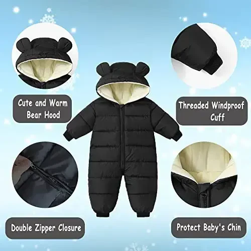 Ilyboz Infant Toddler Snowsuit Cute Baby Bear Suit Newborn Winter Coat Warm Hooded Jumpsuit for Boys Girls - 3