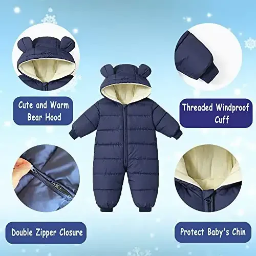 Ilyboz Infant Toddler Snowsuit Cute Baby Bear Suit Newborn Winter Coat Warm Hooded Jumpsuit for Boys Girls - 3