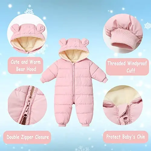 Ilyboz Infant Toddler Snowsuit Cute Baby Bear Suit Newborn Winter Coat Warm Hooded Jumpsuit for Boys Girls - 3