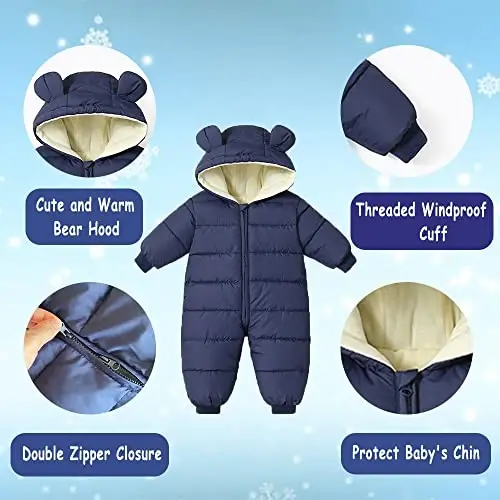 Ilyboz Infant Toddler Snowsuit Cute Baby Bear Suit Newborn Winter Coat Warm Hooded Jumpsuit for Boys Girls - 3