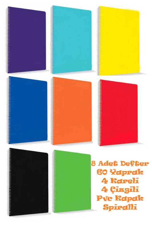 I'M Smart Defter A4 Okul Defteri 60 Yaprak 8 ADET 4 KARELİ 4 ÇİZGİLİ Spralli Pp Kapak Defter Seti - 1