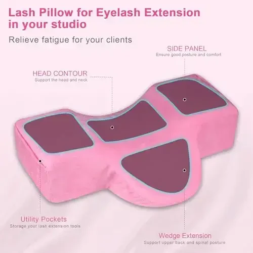 IMENE Lash Pillow for Lash Extensions- Memory Foam Lash Pillow with Neck and Back Support, Ergonomic lash Bed Pillow with Velvet Pillowcase and Lash Organizer Pockets (Pink) - 4