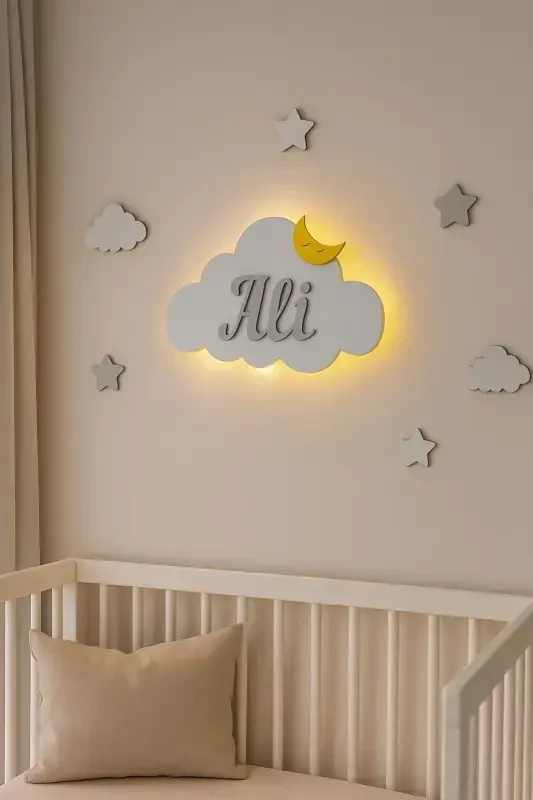 Именной деревянный облачный ночник со светодиодной подсветкой для детской комнаты, декор - небесно-голубой - 1