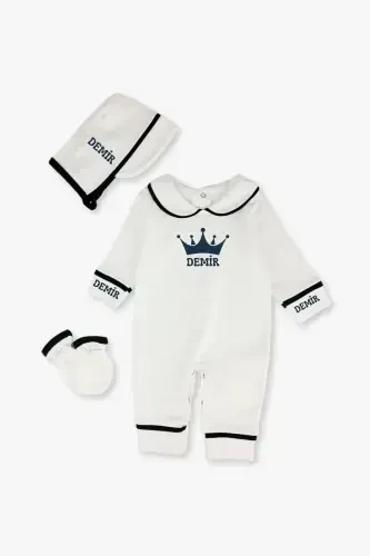 Именной комплект для новорожденного мальчика: комбинезон, комплект на выписку из роддома, набор для памятных вещей, комплект для обряда имянаречения, с персонализацией - темно-синий 3 - 1