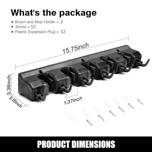 IMILLET 2 Pack Mop and Broom Holder, Wall Mounted Organizer Mop and Broom Storage Tool Rack with 5 Ball Slots and 6 Hooks (Black) - 5