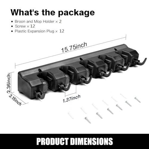 IMILLET 2 Pack Mop and Broom Holder, Wall Mounted Organizer Mop and Broom Storage Tool Rack with 5 Ball Slots and 6 Hooks (Black) - 5