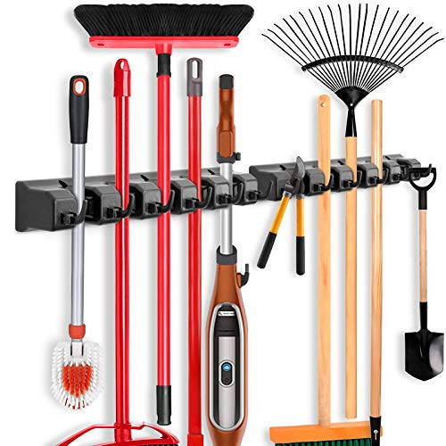 IMILLET 2 Pack Mop and Broom Holder, Wall Mounted Organizer Mop and Broom Storage Tool Rack with 5 Ball Slots and 6 Hooks (Black) - 1