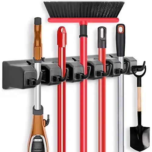 IMILLET Mop and Broom Holder, Wall Mounted Organizer-Mop and broom Storage Tool Rack with 5 Ball Slots and 6 Hooks (Black) - IMILLET