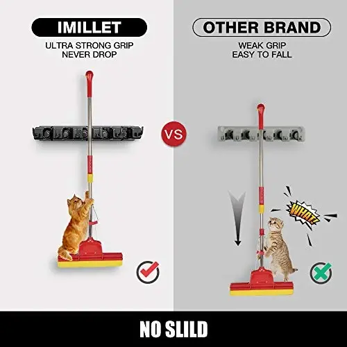 IMILLET Mop and Broom Holder, Wall Mounted Organizer-Mop and broom Storage Tool Rack with 5 Ball Slots and 6 Hooks (Black) - 4