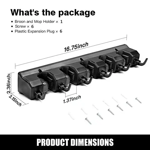 IMILLET Mop and Broom Holder, Wall Mounted Organizer-Mop and broom Storage Tool Rack with 5 Ball Slots and 6 Hooks (Black) - 5