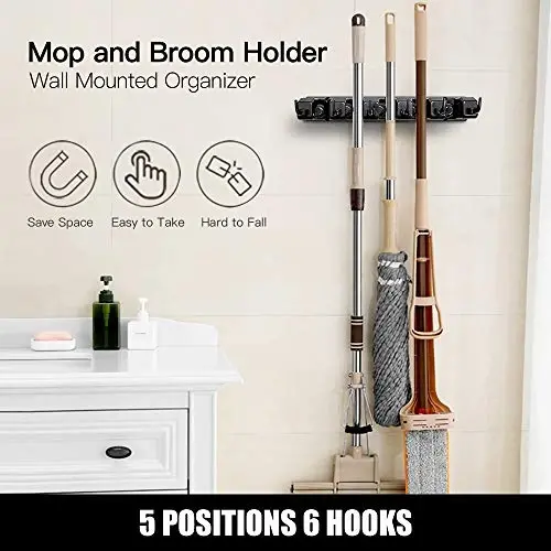 IMILLET Mop and Broom Holder, Wall Mounted Organizer-Mop and broom Storage Tool Rack with 5 Ball Slots and 6 Hooks (Black) - 3