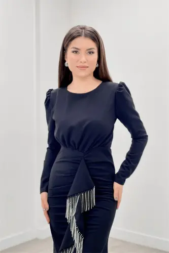 Import krep matosi tosh püskülli detalli kechki libos - QORA - 4