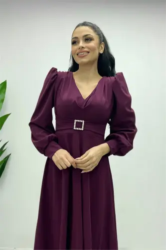 Import qilingan krep mato kamar detallari bilan midi ko'ylak - BADIMJON RANG - 3