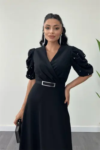 Import qilingan krep matodan ishlangan balon yenkli marvaridli maksi koʻylak - QORA - 4