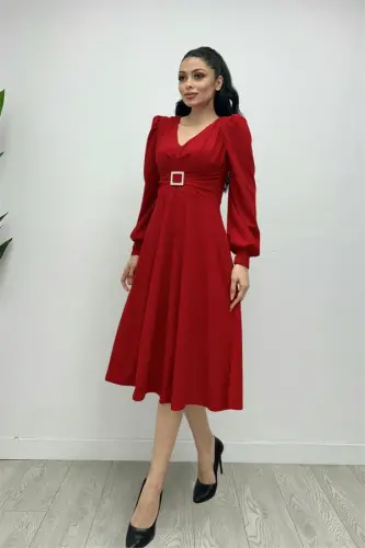 Import qilingan krep matodan kamar detali qo'yilgan Midi ko'ylak - QIZIL - 4