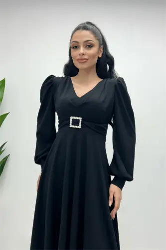 Import qilingan krep matodan kamar detalli midi ko'ylak - QORA - 1