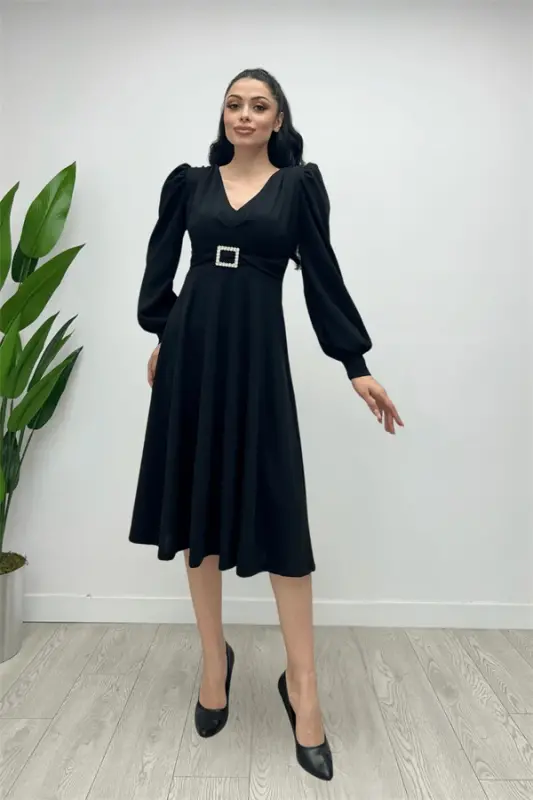 Import qilingan krep matodan kamar detalli midi ko'ylak - QORA - 2
