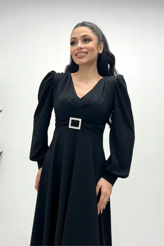 Import qilingan krep matodan kamar detalli midi ko'ylak - QORA - 3