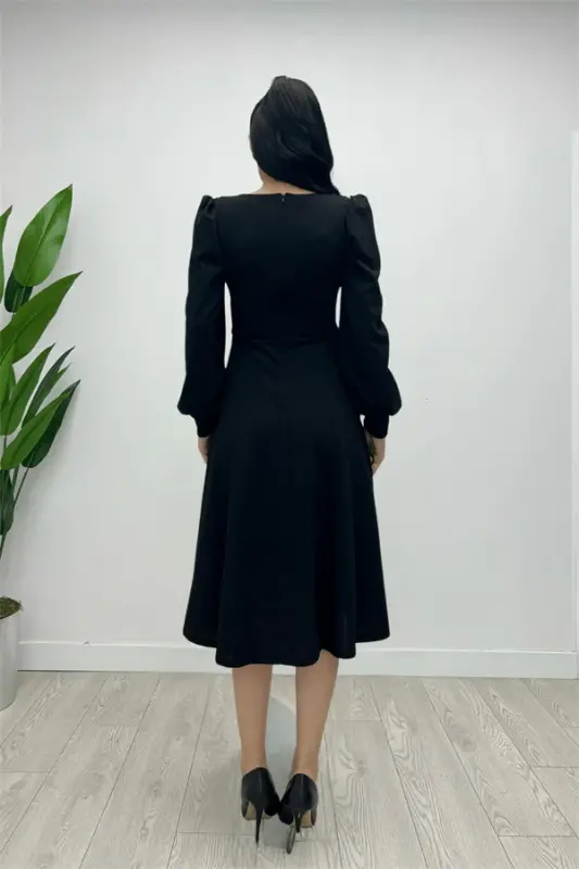 Import qilingan krep matodan kamar detalli midi ko'ylak - QORA - 6
