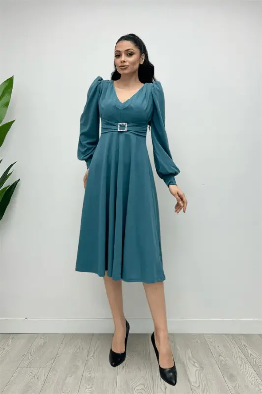 Import qilingan krep matodan kamar detalli midi ko'ylak - SU KO'KI - 2