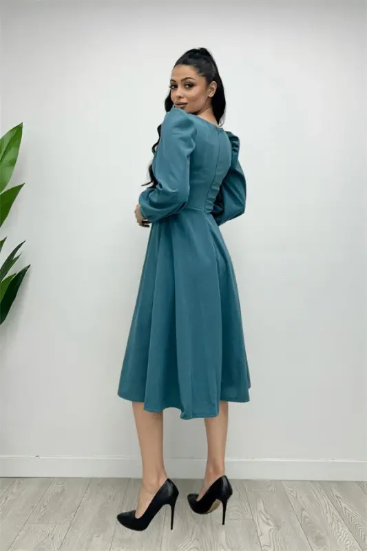 Import qilingan krep matodan kamar detalli midi ko'ylak - SU KO'KI - 5