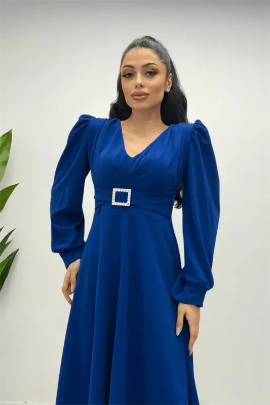 Import qilingan krep matodan kamarli midi ko'ylak - SAKS KO'K - 1