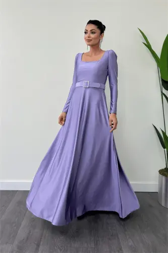 Import qilingan krep saten mato kvadrat yoqali kiloş ko'ylak - LILA - 1
