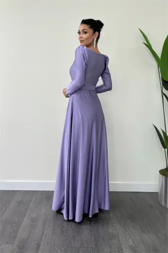 Import qilingan krep saten mato kvadrat yoqali kiloş ko'ylak - LILA - 5