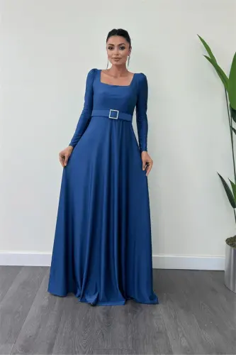 Import qilingan krep saten mato kvadrat yoqali kilo'sh ko'ylak - INDIGO KO'K - BÜYÜKBEDENIZ (1)