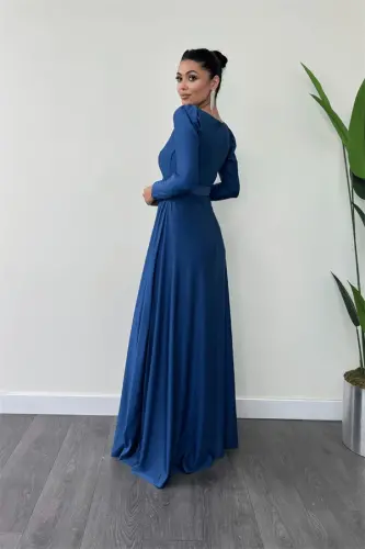 Import qilingan krep saten mato kvadrat yoqali kilo'sh ko'ylak - INDIGO KO'K - 5