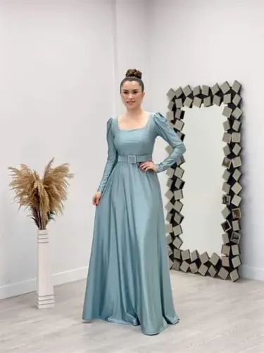 Import qilingan krep saten mato Kvadrat yoqali Kilosli ko'ylak - YALPIZ YASHIL - 1