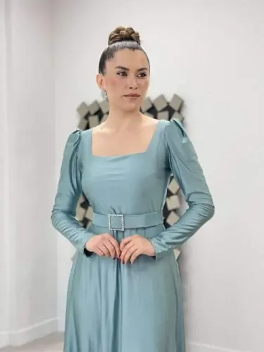 Import qilingan krep saten mato Kvadrat yoqali Kilosli ko'ylak - YALPIZ YASHIL - 3