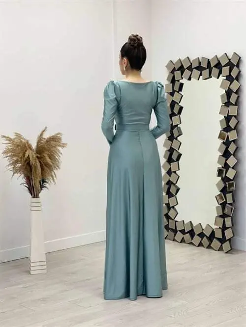 Import qilingan krep saten mato Kvadrat yoqali Kilosli ko'ylak - YALPIZ YASHIL - 5