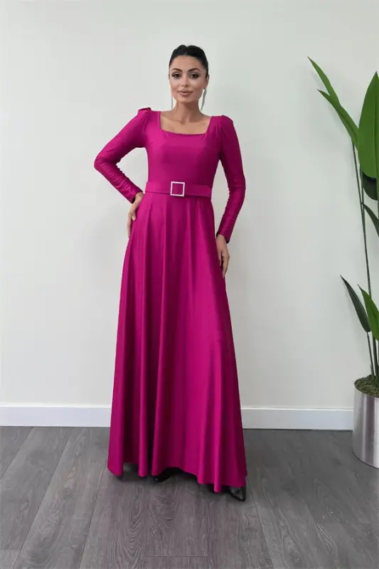 Import qilingan krep satin matosi kvadrat yoqali kiloş ko'ylak - olxo'ri - BÜYÜKBEDENIZ