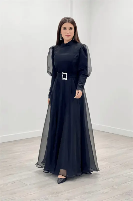 Import qilingan organza krep matosidan tikilgan kechki libos - QORA - 1