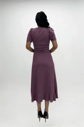 Import qilingan yaltiroq matoli kamar detalli midi bo'yli ko'ylak - PUDRA - 5