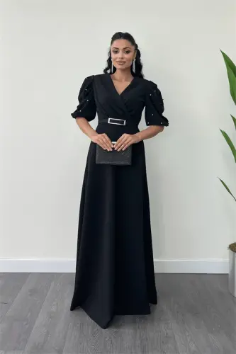 Imported Crepe Fabric Balloon Sleeve Pearl Detail Maxi Dress - BLACK - 1