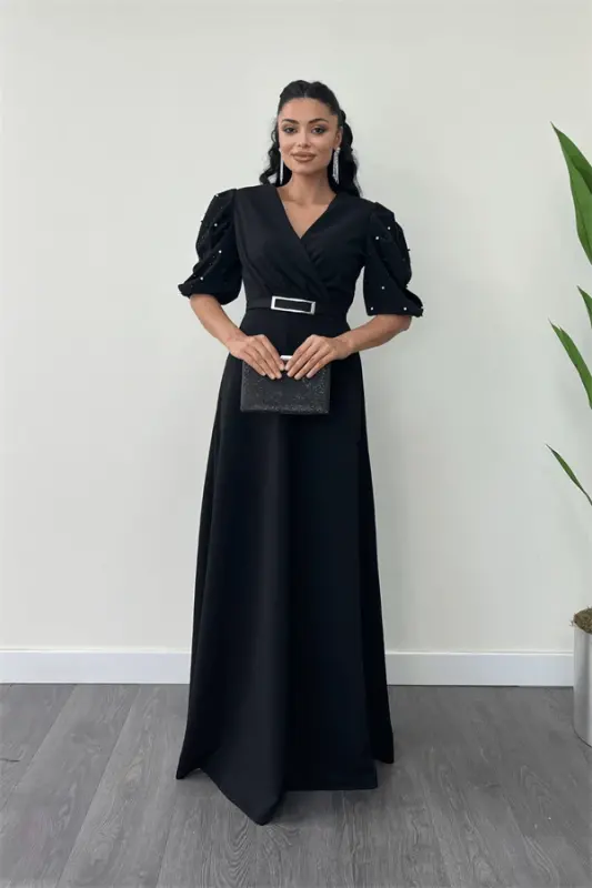 Imported Crepe Fabric Balloon Sleeve Pearl Detail Maxi Dress - BLACK - 1