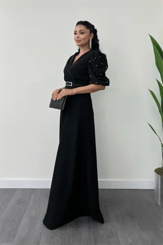 Imported Crepe Fabric Balloon Sleeve Pearl Detail Maxi Dress - BLACK - BÜYÜKBEDENIZ (1)