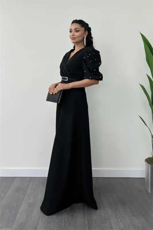 Imported Crepe Fabric Balloon Sleeve Pearl Detail Maxi Dress - BLACK - 2