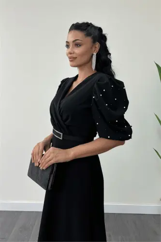 Imported Crepe Fabric Balloon Sleeve Pearl Detail Maxi Dress - BLACK - 3