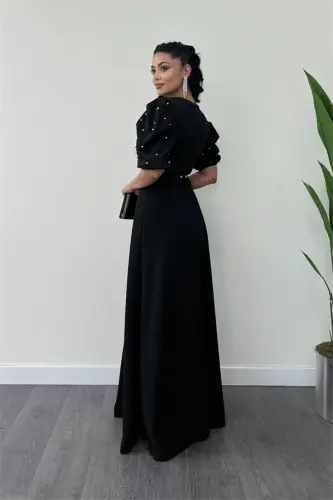 Imported Crepe Fabric Balloon Sleeve Pearl Detail Maxi Dress - BLACK - 5