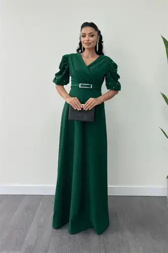 Imported Crepe Fabric Balloon Sleeve Pearl Detailed Maxi Dress - EMERALD GREEN - 1