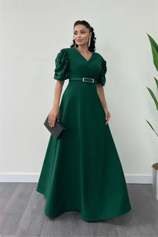 Imported Crepe Fabric Balloon Sleeve Pearl Detailed Maxi Dress - EMERALD GREEN - 2