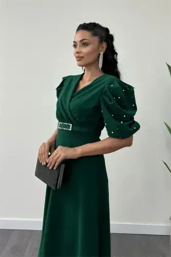 Imported Crepe Fabric Balloon Sleeve Pearl Detailed Maxi Dress - EMERALD GREEN - 3