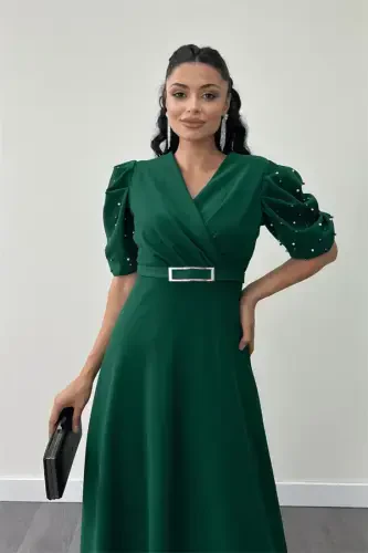 Imported Crepe Fabric Balloon Sleeve Pearl Detailed Maxi Dress - EMERALD GREEN - 4
